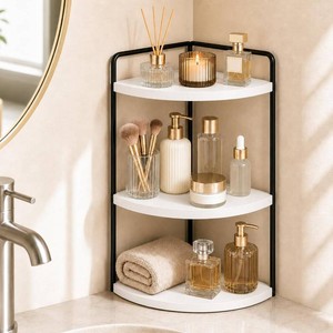 $23 3-Tier Corner Bathroom Counter Organizer, Solid Pine Vanity Shelf, White