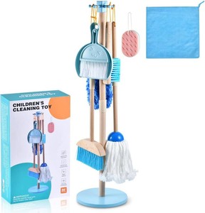$30 WHOHOLL 9 Pcs Wooden Kids Cleaning Toy Set, Cleaning Toys for Kids 3-6, Housekeeping Play Set Includes Broom Mop Duster Dustpan Sponge and Organizing Stand, Christmas Birthday Gifts for Boys Girls