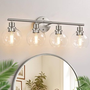 $67 Indoi 4-Light Bathroom Light Fixtures, Brushed Nickel Modern Vanity Lights Over Mirror with Clear Glass Globe Shade, Bathroom Wall Sconces for Mirror Kitchen Living Room Hallway Cabinet Bedroom Porch