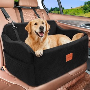 $53 Dog Car Seat for MediumLarge Dogs, Memory Foam Pet Booster Seat for Under 55 lbs or 2 Small Dogs, Detachable Washable Dog Car Bed for Backseat with 2 Safety Leashes and Pockets(Black, Large)