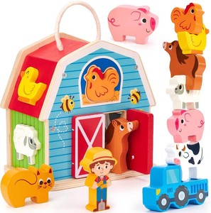 $22 hahaland Wooden Montessori Toys Farm Animals Barn for Toddlers 1-3