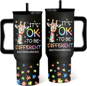 $20 Autism Tumbler 40 Oz, Autism Awareness Tumbler With Handle, Its Ok to Be Different Giraffe Cup, Birthday Christmas Gifts For Autistic Person, Autismo Gift Black no lid