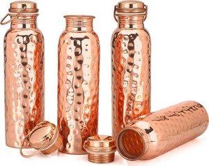 $82 Pure Hammered Copper Water Bottles With Handle 4 Set, 34oz Each