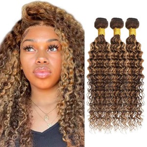 $39 Highlight Bundles P427 Human Hair Bundles Dark Brown Bundle 12 14 16 inch Ombre Brown Deep Wave Bundle 150g