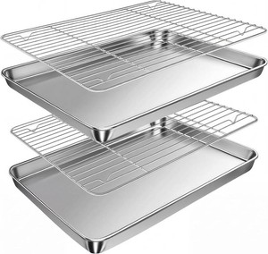 $23 Baking Sheet with Rack Set (2 Pans  2 Racks), 16 x 12 x 1 Inch Stainless Steel Cookie Sheet Baking Pan Tray with Cooling Rack, Jelly Roll Pan with Wire Rack, Warp Resistant & Heavy Duty & Rust Proof