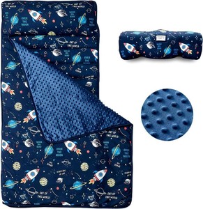 $25 beeweed Toddler Nap Mat, Rollup Design Kid Sleeping Mat with Removable Pillow & Minky Blanket, Toddler Sleeping Bag for Daycare Preschool Travel Camping