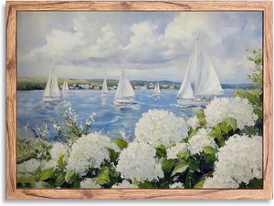 $29 KBBYT Wood Frame Coastal Wall Art Grandmillennial Preppy Sailboat Posters Nautical Floral Canvas Print Blue White Hydrangea Ocean Painting Cottagecore Wall Decor for Living Room Bedroom 12x16inch