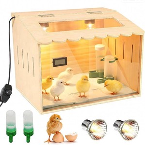 $40 Wooden Chick Brooder Box Kit with Adjustable Dual Heater & Thermometer, Poultry Hatching Enclosure with 10 Pads, Feeder, Waterer - Natural Wood Brooder Heater for Baby Chicken, Quail, Ducklings