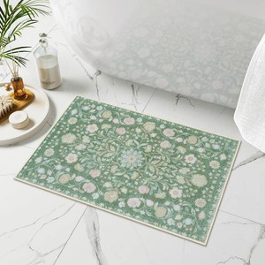 $26 Uphome Green Bathroom Rug Distressed Boho Bathroom Mat Soft Plush Machine Washable Bath Mat Non-Slip Vintage Floral Small Bath Rug for Sink Tub Toilet, 18x26 inch