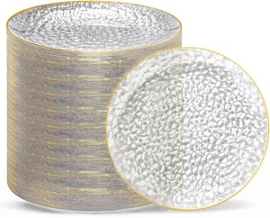 $37 Rubtlamp 100 Pcs Clear Gold Plastic 7 Inch Plates, Small Hammered Party Plates, Clear Disposable Dessert Plates, Gold Plastic Dessert Plates Disposable For All Occasions