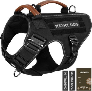 $38 Service Dog Vest - HEYCAHVA Tactical Dog Harness Full Metal Buckles for Large Medium Dog Reflective No Pull Dogs Harnesses Vest with Leather Handle, Hook & Loop for Hiking Training (Black, L)