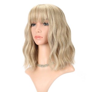 $26 FAELBATY Blonde Wave Short Bob Wigs With Air Bangs Shoulder Length Wig For Women and Girls Curly Wavy Synthetic Cosplay Costume Wig (12 Mix blonde and gold)