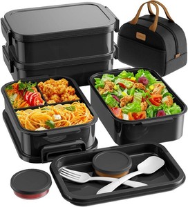 $23 KEMETHY Adults Bento Lunch Box Set with Thermo Bag, 74oz Stackable Leak-proof 3-tiers Bento Box, Built-in Utensil and Sauce Container for Work, School, Dining Out (Black)