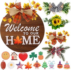 $24 Interchangeable Welcome Sign for Front Door with 4 Seasonal Wreaths and 14 Changeable Icons, Farmhouse Front Door Signs, Door Decoration Porch Decor, Seasonal Wooden Home Sign home d cor (6wood)