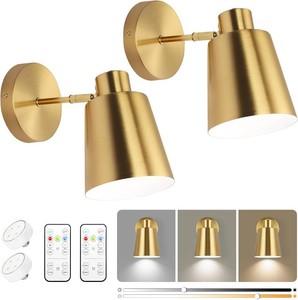 $60 KELUOLY Gold Wireless Battery Operated Wall Sconces, Industrial Cordless Battery Powered Led Wall Lights Set of 2, Vintage Wall Lamp Fixture Indoor with Remote Control for Bedroom, Bathroom, Hallway