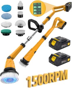 $100 Qimedo 1500 RPM Electric Spin Scrubber with Two Batteries Q2 Pro, Cordless Battery Powered Shower Scrubber,Electric Tile Floor Scrubber with Display for GroutTileTub (Effortless Handle8 Brushes)