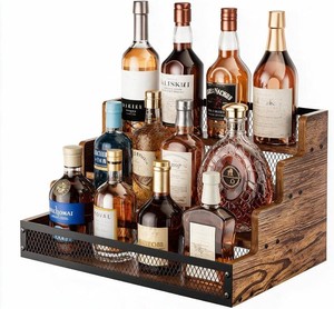 $23 Yuzehuaza Liquor Bottle Display Shelf Wine Rack 4-Step Wood with Fences