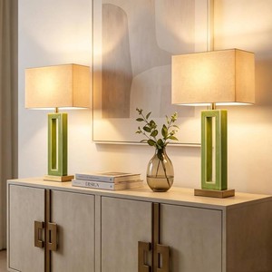 $90 22 Modern Ceramic Table Lamps Set of 2, Green Crackle Glaze Hollow Bedside Lamps with Linen Shade, 5ft Cord Rotary Switch E26 Base Nightstand Lamps for Bedroom Living Room Entryway Decor