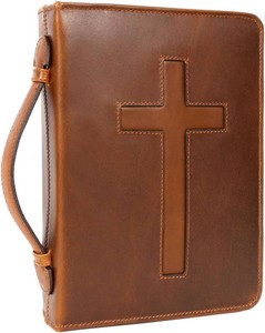 $55 ELIZO Leather Bible Cover Case for Men Women Genuine Leather Bible Bag Holder Cross Large Carrying with Zipper Case Protector Christian Religious Gifts for Mens (CognacTan, StudyLarge)