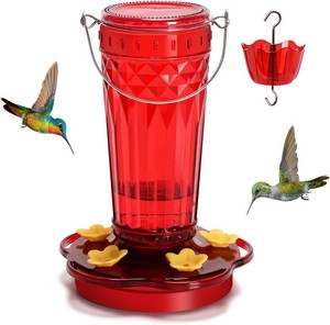Hummingbird Feeder-14 Ounces 5 Feeding Ports Glass Hummingbird feeders for Outdoors,Wide Mouth for Easy FillingCleaning Hanging for Garden Backyard Decor, Includes Ant Moat (Red 1Pack)