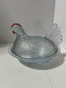 Light Blue Red Comb Indiana Glass Hen on Nest