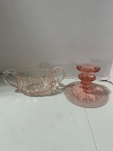 Pink Depression Etched Candlestick and Double Handled Dish