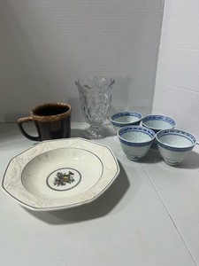 Spode Bowl, 4 Saki Cups, Stoneware Mug and Spoon Vase