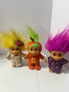 Three Vintage Russ Troll Dolls Painter, Pumpkin and Wizard