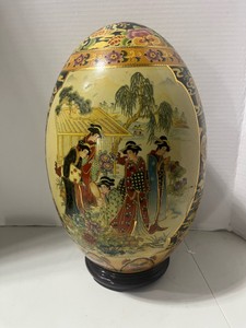 Large 12 Asian Hand Painted Egg Gold Gilded w Stand