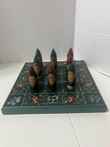 Blue Rosemaled Tic Tac Toe Board with Painted Wooden Gnomes