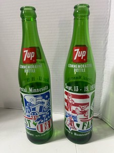Two 1976 Bicentennial 7-up Commemorative Bottles Farmfest Crystal MN