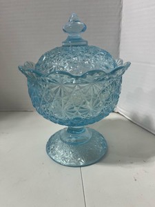 Fenton Wright Daisy and Button Blue Glass Candy Jar