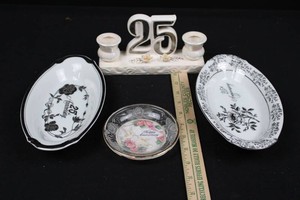 25th Anniversary Ceramic Centerpiece, Trays & Glass Dish Mixed Lot