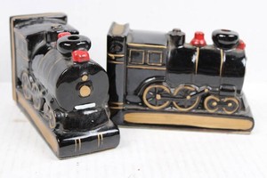 Ceramic Steam Locomotive Bookends With Gold and Red Accents