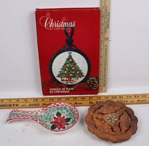 3-Piece Christmas Decor Mixed Lot - Carlton Ornament, Spoon Rest & Wood Trivet