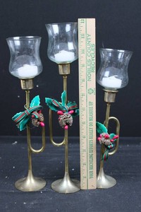Candle Holder Set With Glass Hurricane Shades & Holiday Decor (Lot of 3)