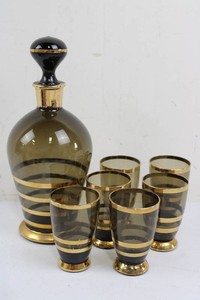 Smoky Amber Glass Decanter & 6 Matching Bar Glasses (Lot of 7)
