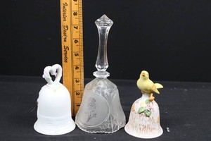 Decorative Glass & Porcelain Bells - Bird, Heart & Rose (Lot of 3)