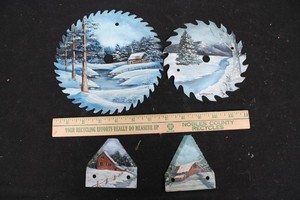 Hand-Painted Winter Landscape Decorative Saw Blades (Lot of 4)