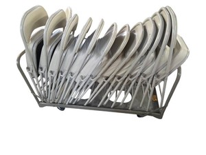 Gray Metal Cart Loaded with 13 folded Padded Chairs
