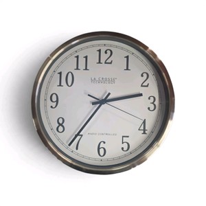 La Crosse Technology 12-Inch Atomic Analog Wall Clock (Model WT-3126B) with a brushed stainless steel frame