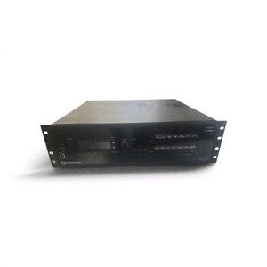 Crestron DMPS-300-C DigitalMedia Presentation Switcher mounted in a rack chassis with front-panel input buttons, a control LCD screen, and branding