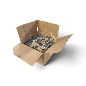 2 bulk box filled with metal pinback button backs and components used for making custom badges and pin-back buttons.
