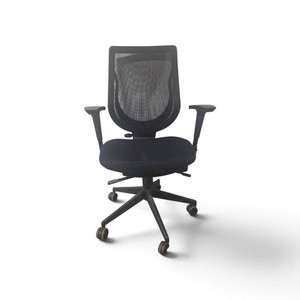 black ergonomic task chair with a mesh back and a fabric-upholstered seat,