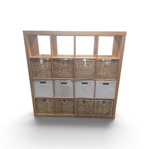 16-cube square shelving unit styled with a mix of woven wicker baskets and light grey fabric storage bins