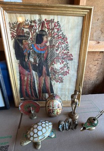 Egyptian artwork mother of Pearl turtle three monkeys, genie bottle, seven items in lot