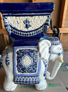 Cobalt, blue and white glazed, ceramic garden elephant