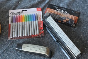 Office supplies with basket