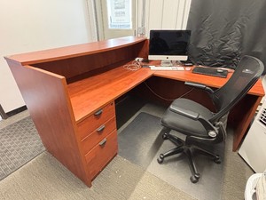 L-Shaped Office Desk, Chair, and Floor Protector