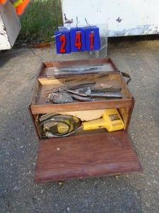 Small wood tool box with contents. 16 x 9 x 10. As shown.